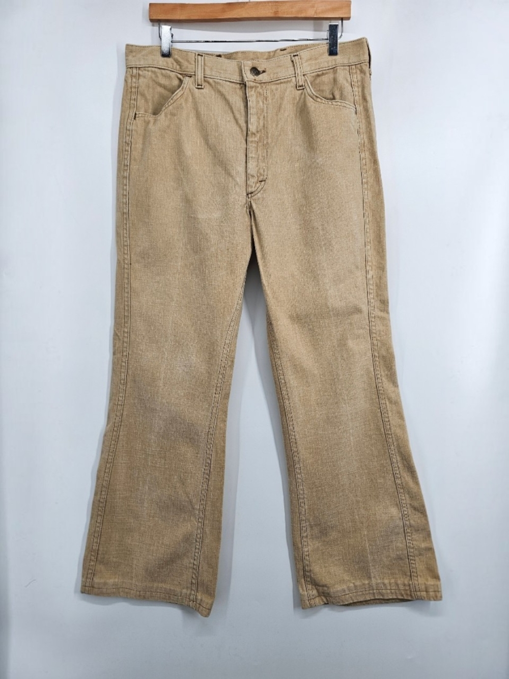Vintage 70s Lee Bell Bottom Pants 34x30 Union Made USA Talon 42 Beige